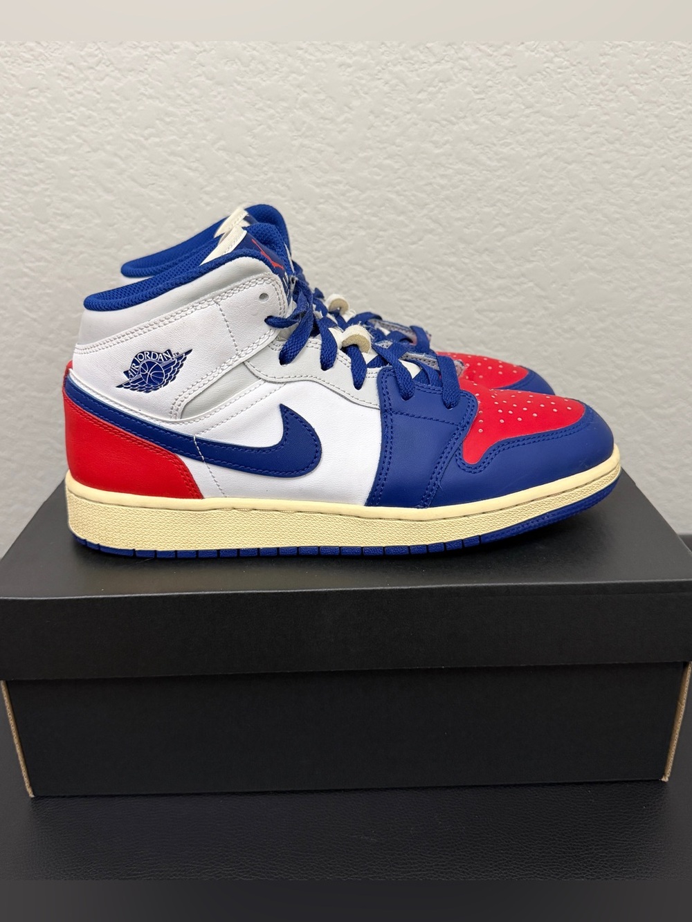 Air Jordan 1 Mid GS Rare Air White Royal Blue Red Size 7Y / Women's 8.5 w/Box